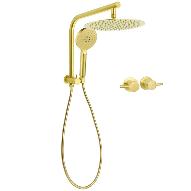 Brushed Gold Round Large 12" Rain Shower Head 3 Mode Handheld Gooseneck Arm Twin Taps Set.
