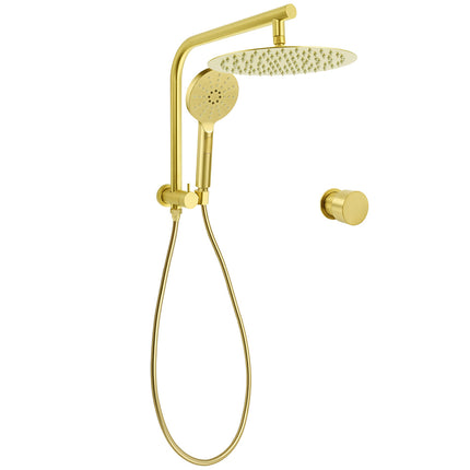 Brushed Gold 2in1 Round 12" Rain Shower Head 3 Mode Handheld Diverter Wall Arm Mixer Set.