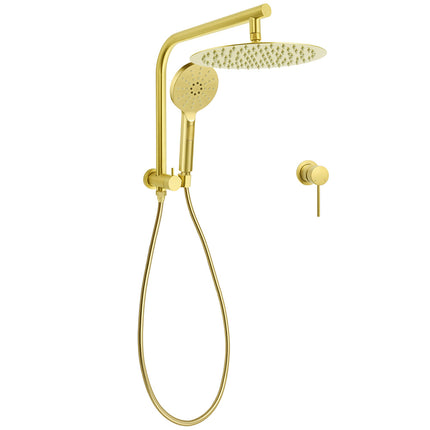 WELS Brushed Gold 2in1 Set Round Large 12" Rain Shower Head 3 Mode Handheld Wall Arm Small Face Mixer.