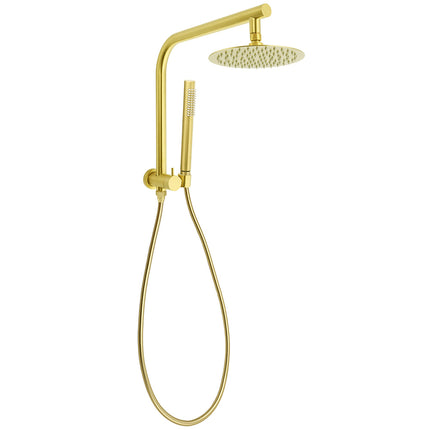 WELS Brushed Gold Round Twin Shower Head Set Diverter Wall Arm Stainless Steel Handheld Rose.
