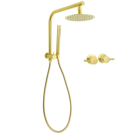 WELS Brushed Gold Round 2in1 Shower Head Set Diverter Wall Arm Stainless Steel Handheld + Taps.