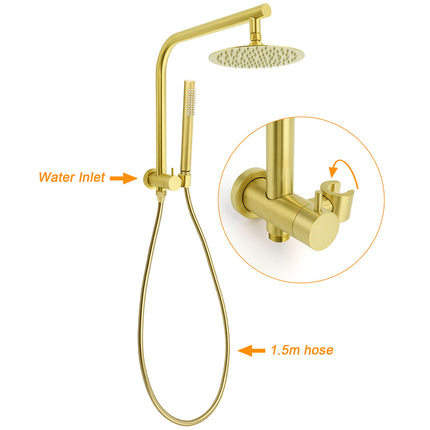 WELS Brushed Gold Round 2in1 Shower Head Set Diverter Wall Arm Stainless Steel Handheld + Taps.
