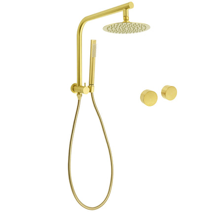 WELS Brushed Gold Round 2in1 Shower Head Set Ergonomic Handheld Gooseneck Arm Twin Taps.