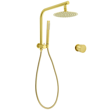 WELS Brushed Gold Round Dual Shower Head Set Single Mode Handheld Gooseneck Arm Wall Mixer.