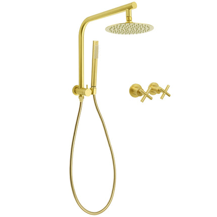 WELS Brushed Gold Round Twin Shower Head Set Diverter Wall Arm Metal Handheld With Mixer.