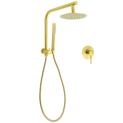 WELS Brushed Gold Round Twin Shower Head Set Diverter Wall Arm Single Mode Handheld Wall Mixer.