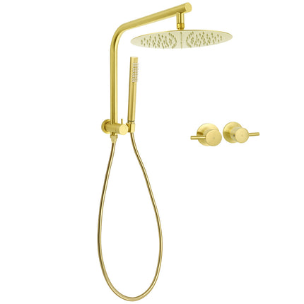 Brushed Gold Round Large 12" Rain Shower Head One Spray Handheld Rose Gooseneck Arm Twin Taps Set.