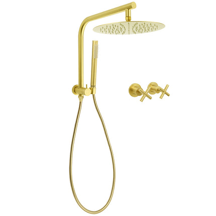 Brushed Gold 2in1 Round Large 12" Rainfall Shower Head Metal Handheld Wall Arm Bath Mixer.
