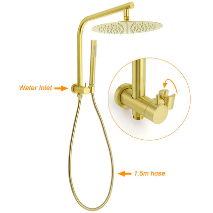 Brushed Gold 2in1 Round Large 12" Rainfall Shower Head Metal Handheld Wall Arm Bath Mixer.