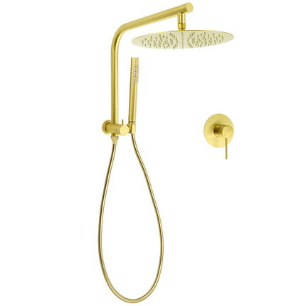 Brushed Gold Round Large 12" Rain Shower Head Stainless Steel Spray Handheld Wall Arm Mixer Set.