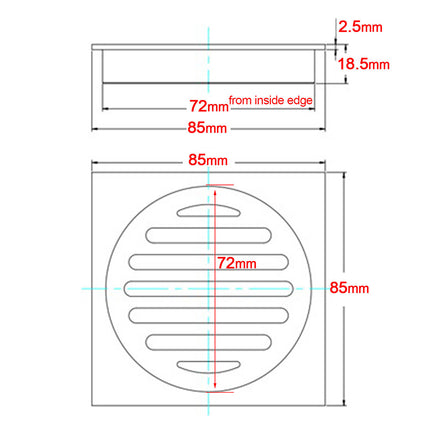 Matt Black Stainless Steel 85x85mm Small Square Shower Grate Floor Drain 72mm Outlet.