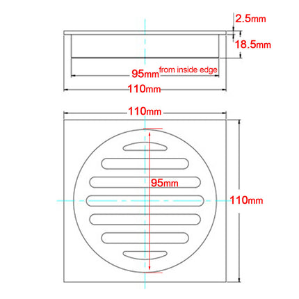 Chrome Stainless Steel 110mm Small Square Shower Grate Floor Drain 95mm Outlet.