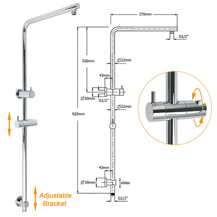 WELS Double Round Shower Head Handheld Sliding Rail Arm Chrome 12" Rainfall Set.