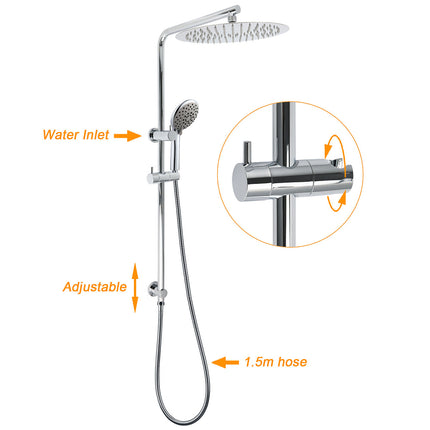 Chrome Dual Shower 12" Slim Rain Head 5 Modes Handheld Sliding Rail Inbuilt Diverter + Twin Taps.