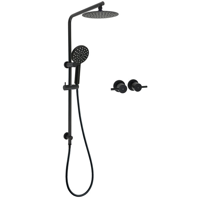 WELS Matt Black Round 2in1 8" Shower Head Sliding Rail Arm 3 Modes Handheld Twin Taps.