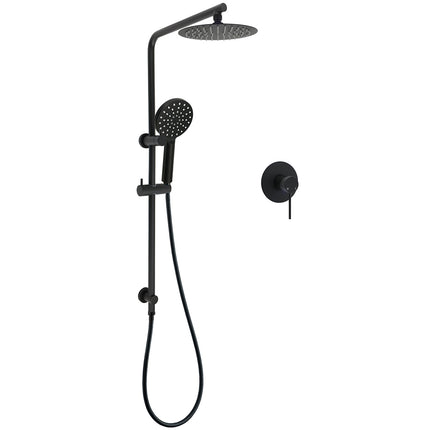 WELS Matt Black Round 2in1 8" Shower Head Sliding Rail Arm 3 Modes Handheld Mixer Set.