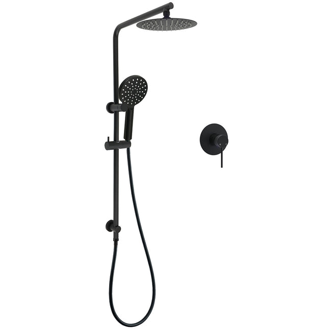 WELS Matt Black Round 2in1 8" Shower Head Sliding Rail Arm 3 Modes Handheld Mixer Set.