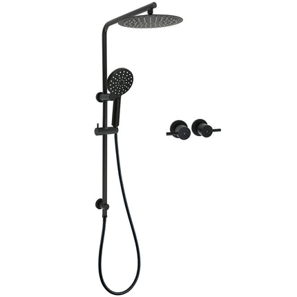 WELS Matt Black 10" Shower Rain Head Handheld Silde Wall Arm Rail Dual Set Twin Taps.