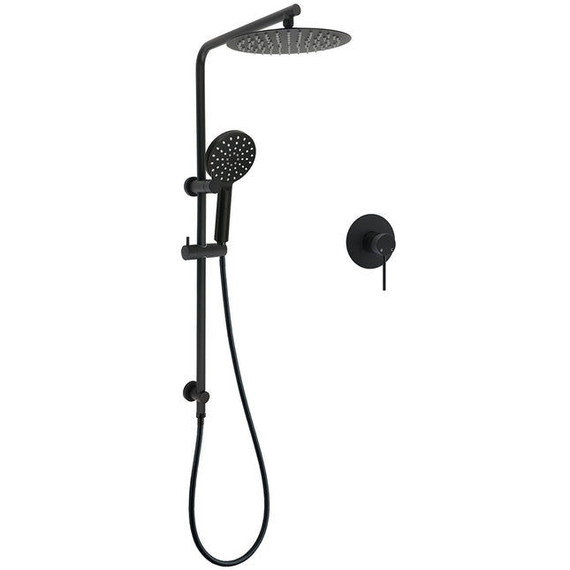 WELS Matt Black 10" Shower Rain Head Handheld Silde Wall Arm Rail Dual Set Mixer.