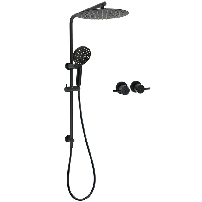 Matt Black Dual Shower 12" Large Shower Rain Head + Handheld Silde Wall Rail Twin Taps Set.
