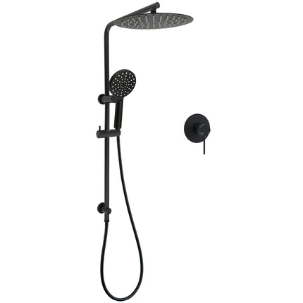 WELS Matt Black Dual Shower 12" Large Shower Rain Head + Handheld Silde Wall Rail Mixer Set.
