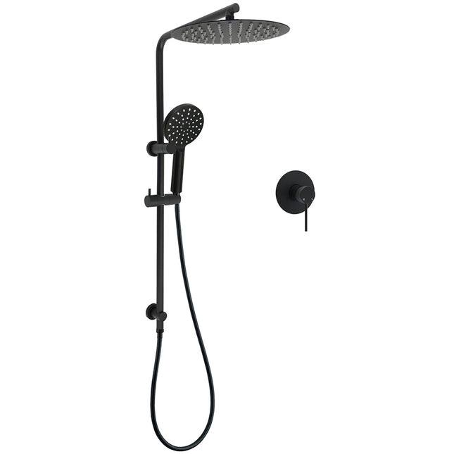 WELS Matt Black Dual Shower 12" Large Shower Rain Head + Handheld Silde Wall Rail Mixer Set.