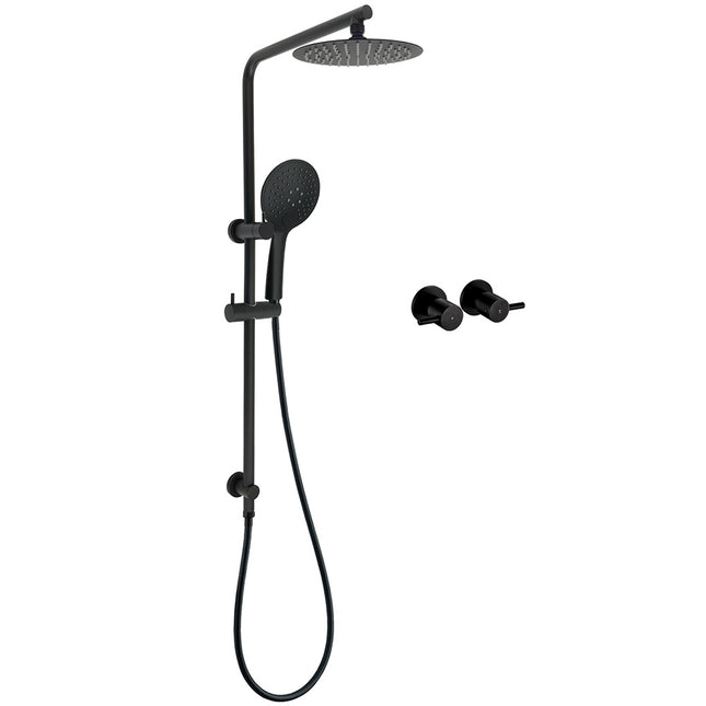 Matt Black Round 8" Shower Head Sliding Rail Arm 3 Modes Handheld Arm Dual Set + Taps.