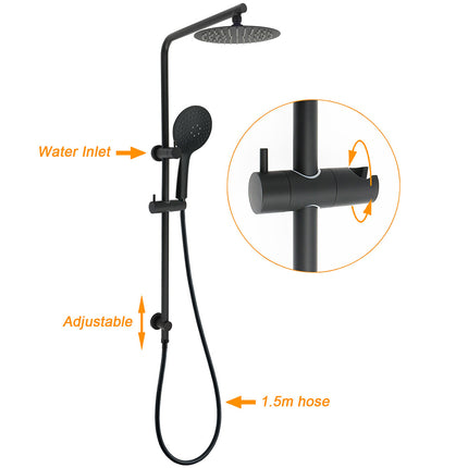 Matt Black Round 8" Shower Head Sliding Rail Arm 3 Modes Handheld Arm Dual Set + Taps.