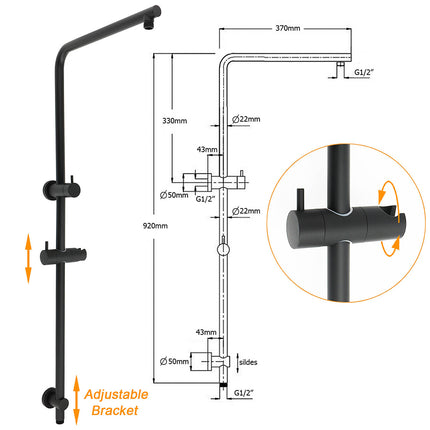 Matt Black Round 8" Shower Head Sliding Rail Arm 3 Modes Handheld Arm Dual Set + Taps.