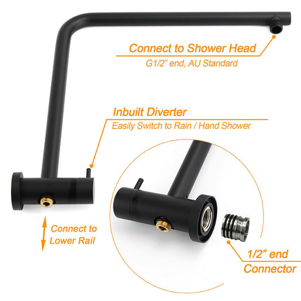 Matt Black Round 8" Shower Head Sliding Rail Arm 3 Modes Handheld Arm Dual Set + Taps.