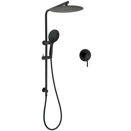 WELS Matt Black Shower Set 12" Large Rain Head Handheld Sliding Rail Arm Round Mixer.
