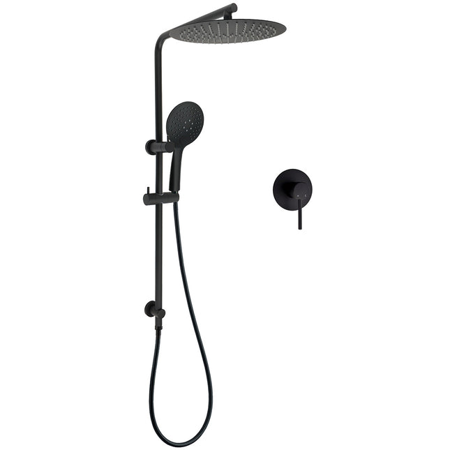 WELS Matt Black Shower Set 12" Large Rain Head Handheld Sliding Rail Arm Round Mixer.