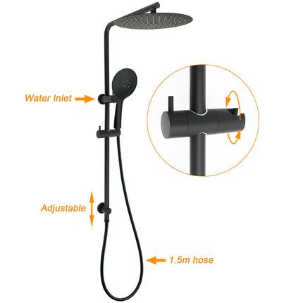 WELS Matt Black Shower Set 12" Large Rain Head Handheld Sliding Rail Arm Round Mixer.