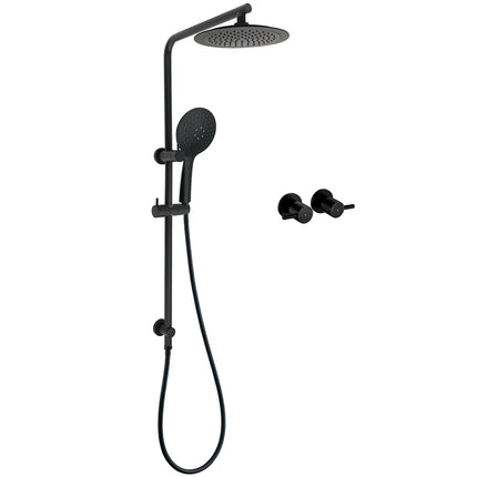 Matt Black Round 9" Rainfall Head Handheld Sliding Rail Wall Arm Dual Shower Taps Set.
