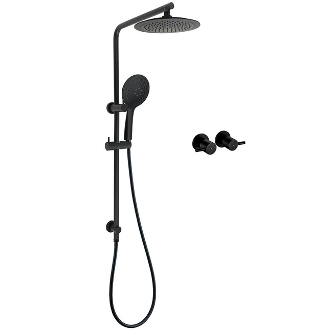 Matt Black Round 9" Rainfall Head Handheld Sliding Rail Wall Arm Dual Shower Taps Set.