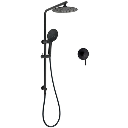 Matt Black Round 9" Rainfall Head Handheld Sliding Rail Wall Arm Dual Shower Mixer Set.