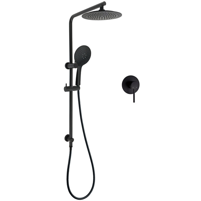Matt Black Round 9" Rainfall Head Handheld Sliding Rail Wall Arm Dual Shower Mixer Set.