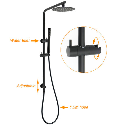 Matt Black Round 8" Rain Shower Head 3 Mode Handheld 2 in 1 Wall Arm Taps Set.