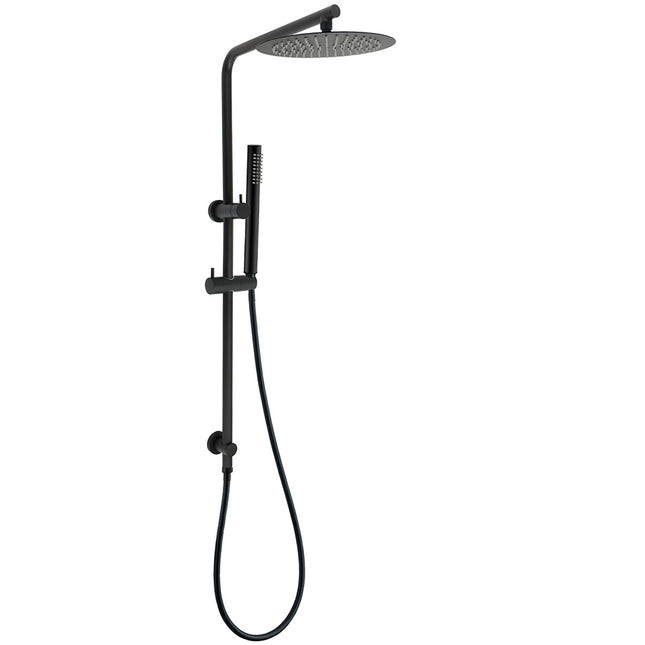 Matt Black Round 250mm Rain Shower Head Brass Handheld Slide Rail Riser Arm Set.