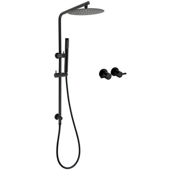 Matt Black Round 10" Rain Shower Head Brass Handheld Slide Rail Riser Arm Twin Taps Set.