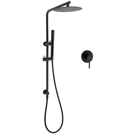 Matt Black Round 10" Rain Shower Head Brass Handheld Slide Rail Riser Arm Mixer Set.