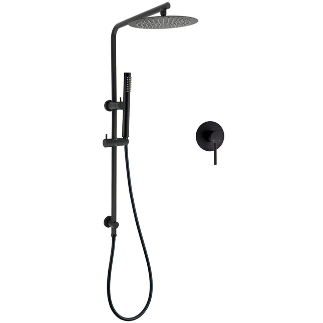 Matt Black Round 10" Rain Shower Head Brass Handheld Slide Rail Riser Arm Mixer Set.