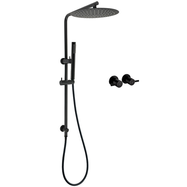 Matt Black Round 12" Rain Shower Head Brass Handheld Riser Rail Set Diverter Mixer Taps.