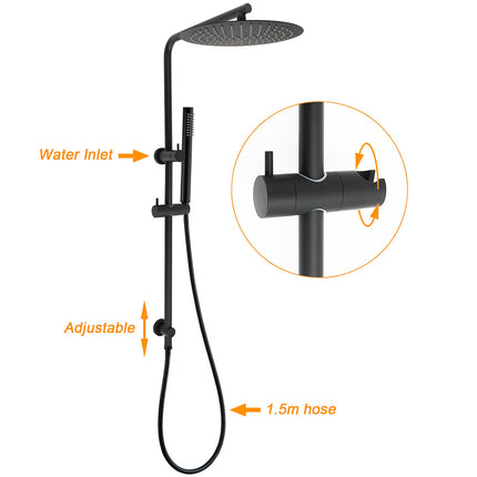 Matt Black Round 12" Rain Shower Head Brass Handheld Riser Rail Set Diverter Mixer Taps.