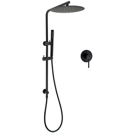 Matt Black Round 300mm Rain Shower Head Brass Handheld Riser Rail Set Diverter Mixer.