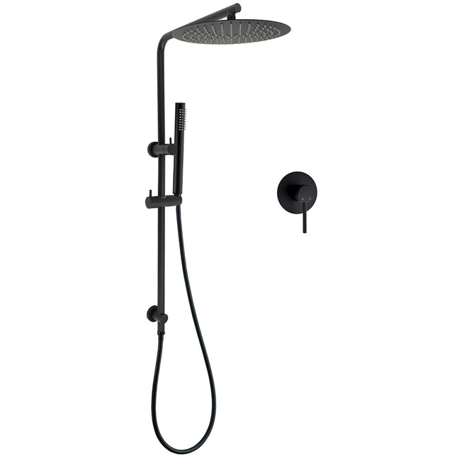 Matt Black Round 300mm Rain Shower Head Brass Handheld Riser Rail Set Diverter Mixer.