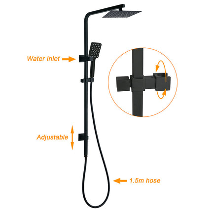 WELS Matt Black 8" Rainfall Shower Head 3 Modes Handheld Wall Rail Arm 2in1 Set.