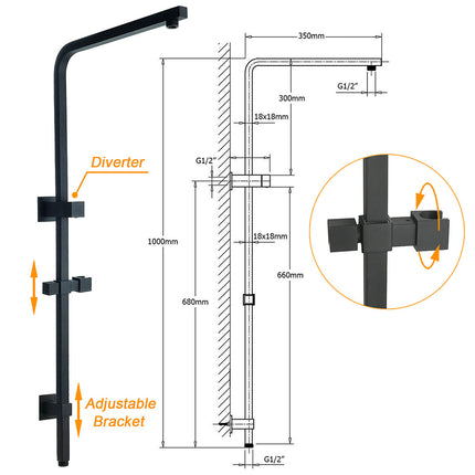 WELS Matt Black 8" Rainfall Shower Head 3 Modes Handheld Wall Rail Arm 2in1 Set.
