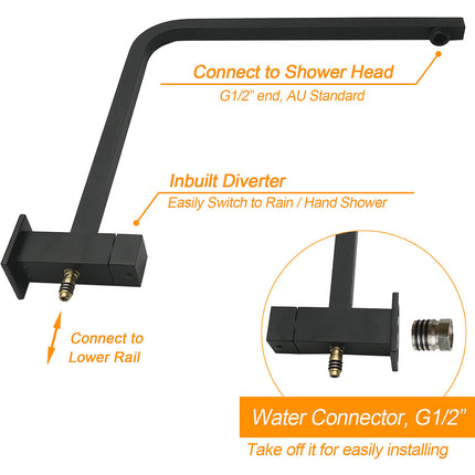 WELS Matt Black 8" Rainfall Shower Head 3 Modes Handheld Wall Rail Arm 2in1 Set.