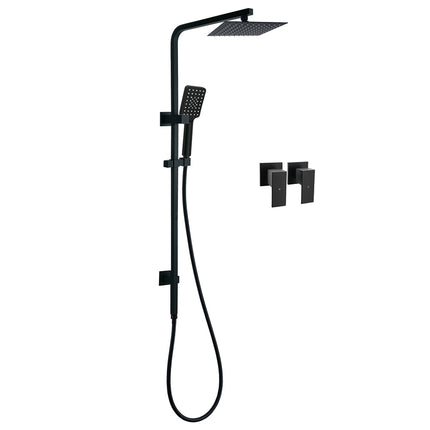 WELS Matt Black 8" Rainfall Shower Head 3 Modes Handheld Wall Rail Arm 2in1 Taps Set.